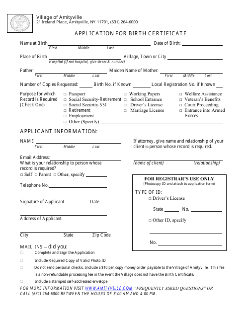 Application for Birth Certificate - Village of Amityville, New York Download Pdf