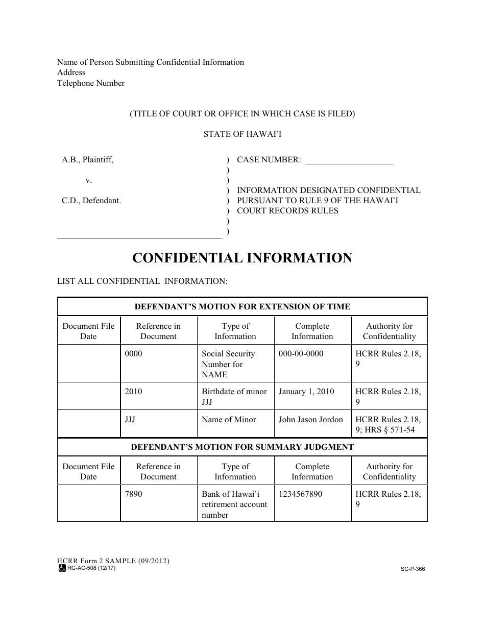 Sample HCRR Form 2 (SC-P-366) Confidential Information Form - Hawaii, Page 1