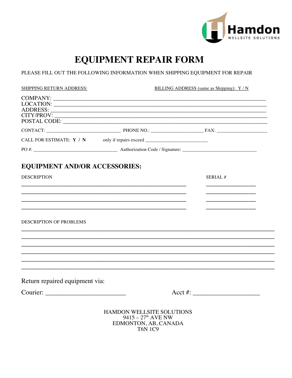 Equipment Repair Form - Hamdon Wellsite Solutions, Page 1