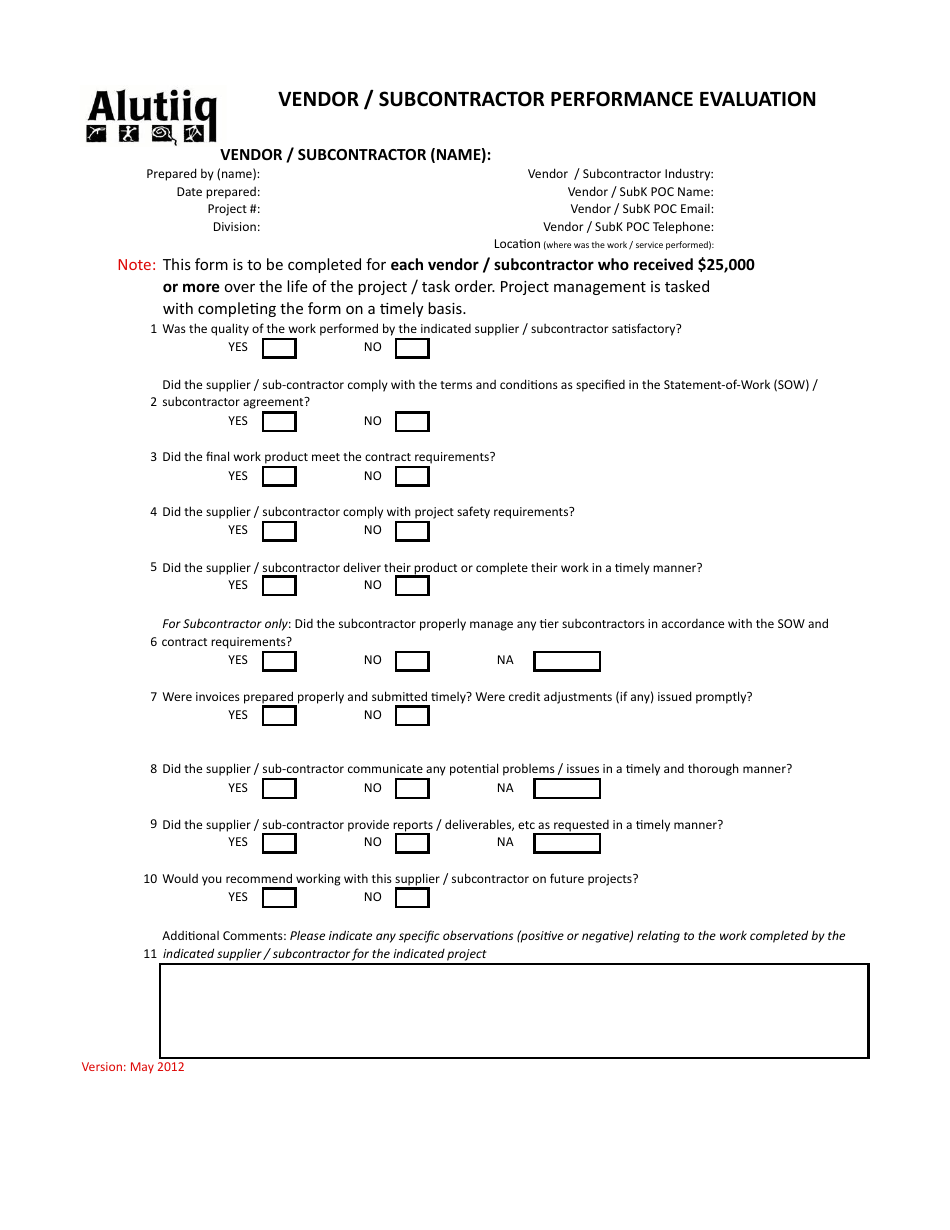 Vendor / Subcontractor Performance Evaluation Form - Alutiiq, Page 1