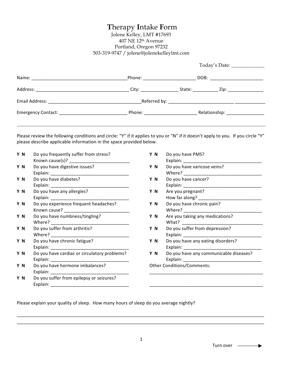 Therapy Intake Form - Jolene Kelley, Page 1