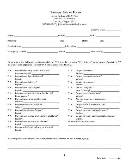 &quot;Therapy Intake Form - Jolene Kelley&quot; Download Pdf