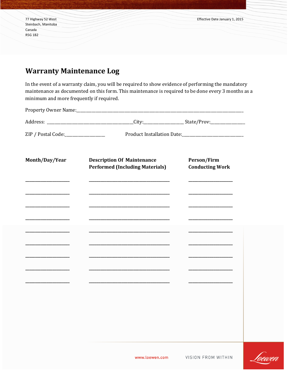 Warranty Maintenance Log Template - Loewen - Canada - Premium Document Preview