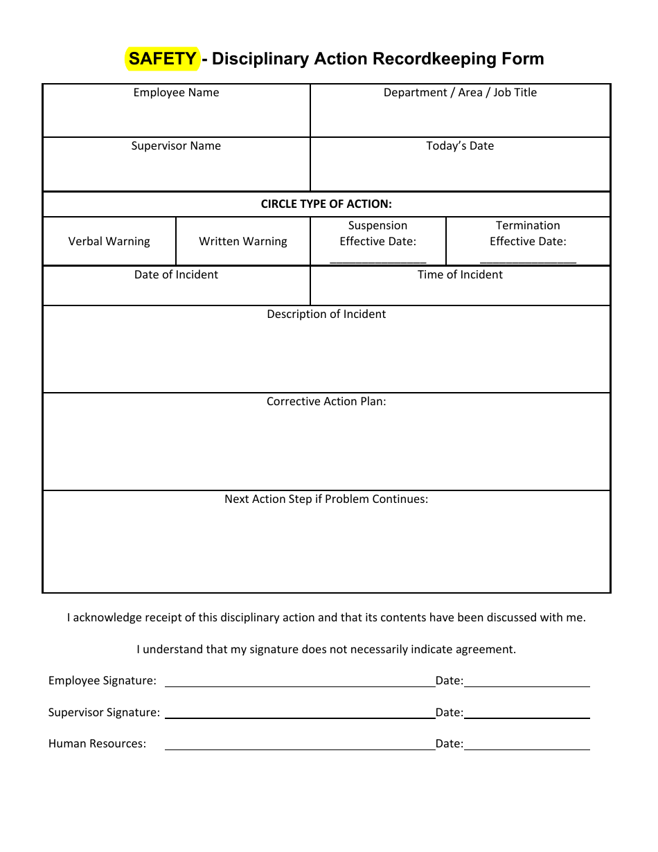 Disciplinary Action Recordkeeping Form - Safety, Page 1