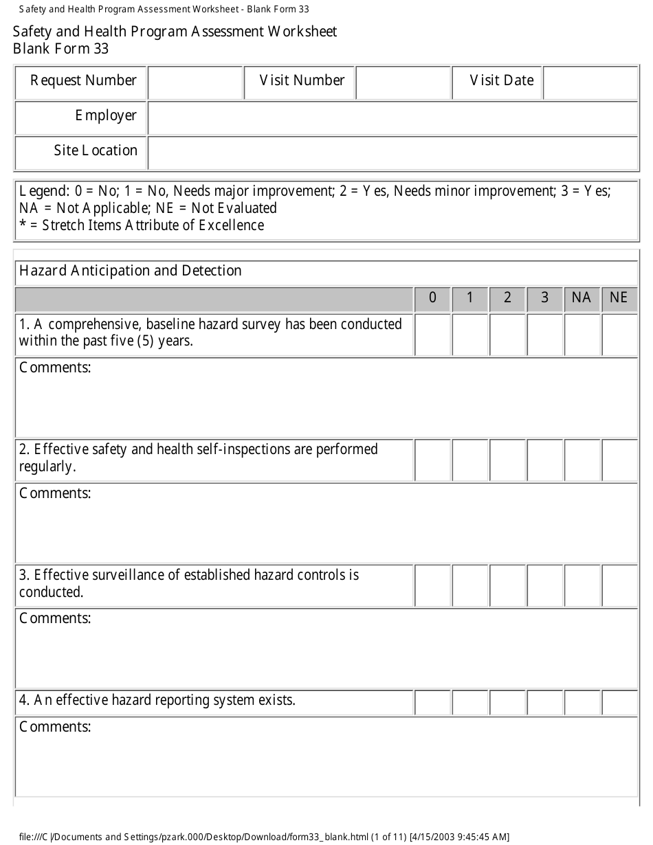 Form 33 Safety and Health Program Assessment Worksheet - California, Page 1