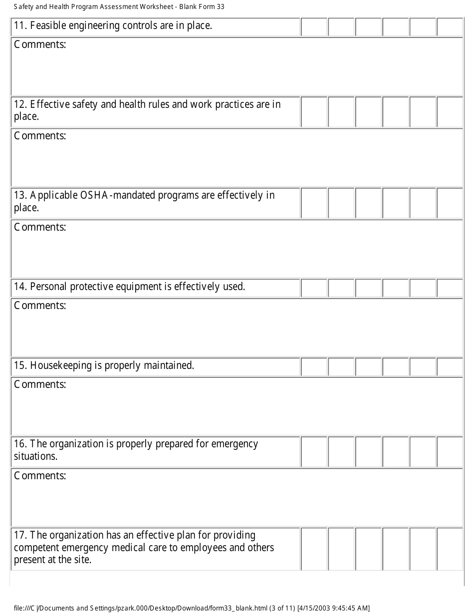 Form 33 Safety and Health Program Assessment Worksheet - California, Page 3