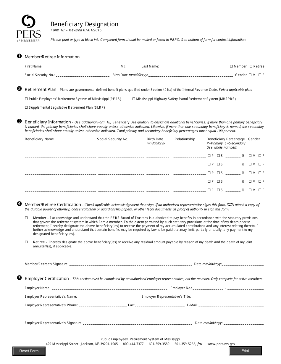 Form 1B Beneficiary Designation - Mississippi, Page 1
