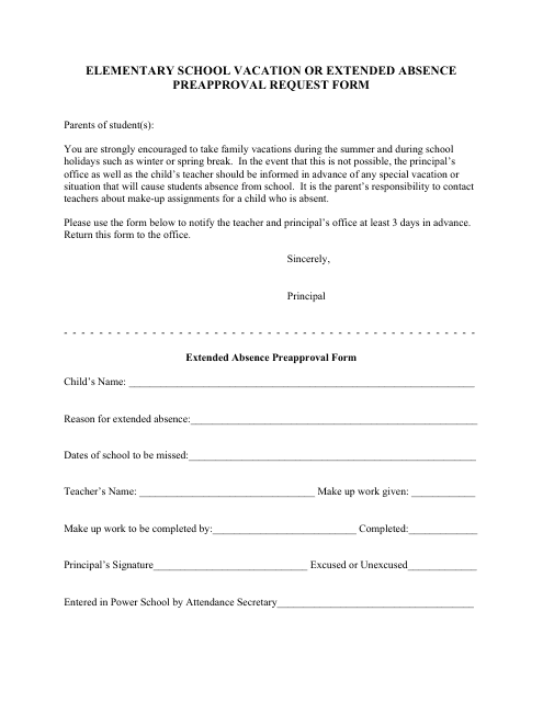 Elementary School Vacation or Extended Absence Preapproval Request Form Download Pdf