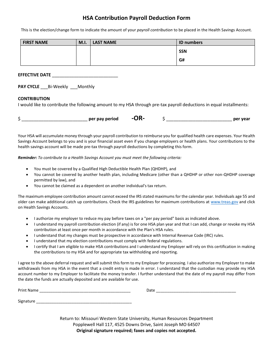 Hsa Contribution Payroll Deduction Form - Missouri Western State University, Page 1