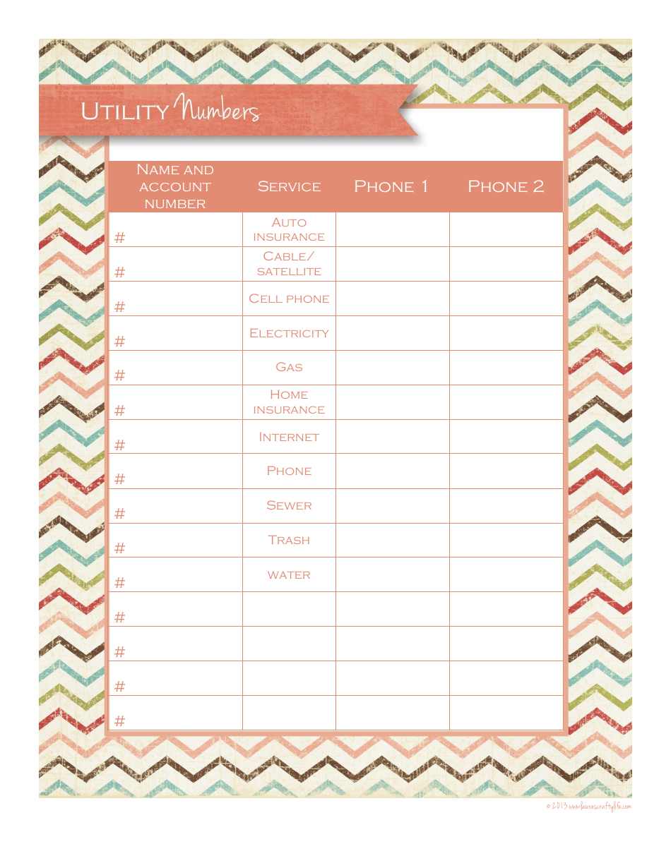 Utility Numbers Tracking Sheet Template Download Printable PDF