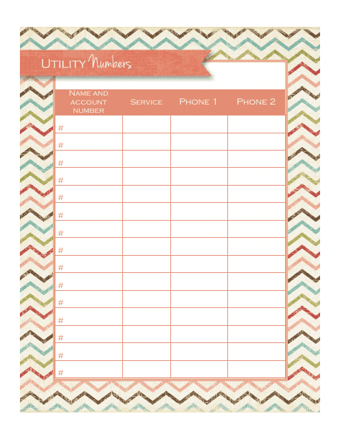 Blank Utility Numbers Tracking Sheet Template