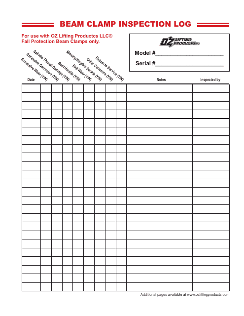 Beam Clamp Inspection Log Template - Oz Lifting Productcs