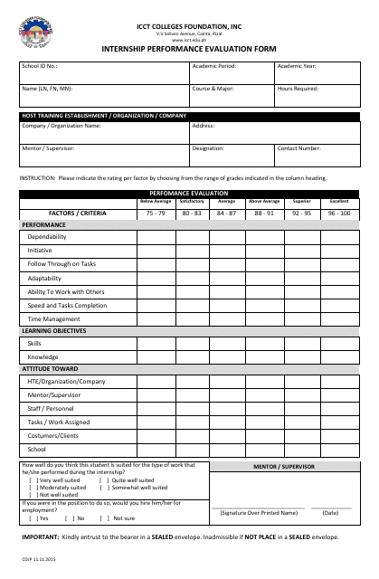 Internship Performance Evaluation Form - Icct Colleges Foundation - Rizal, Philippines Download Pdf