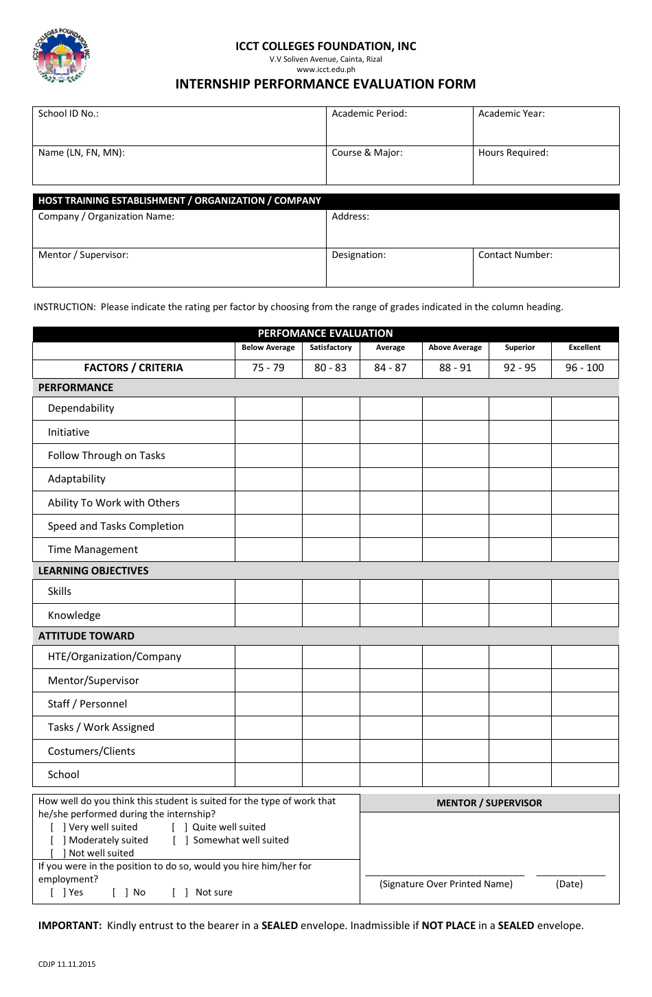 Rizal Philippines Internship Performance Evaluation Form Icct