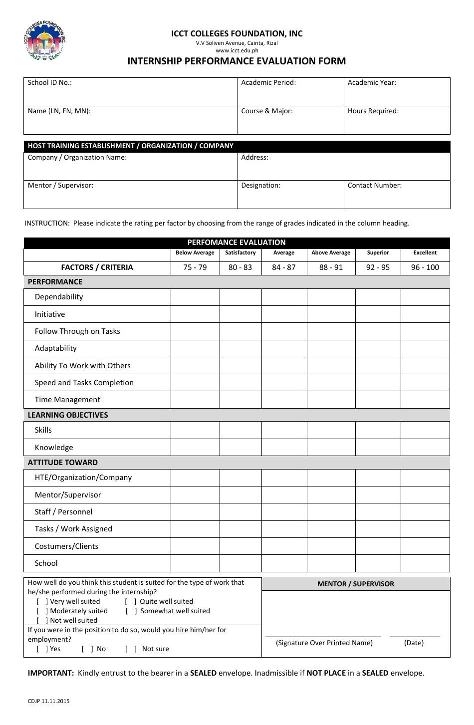 Internship Performance Evaluation Form - Icct Colleges Foundation - Rizal, Philippines, Page 1