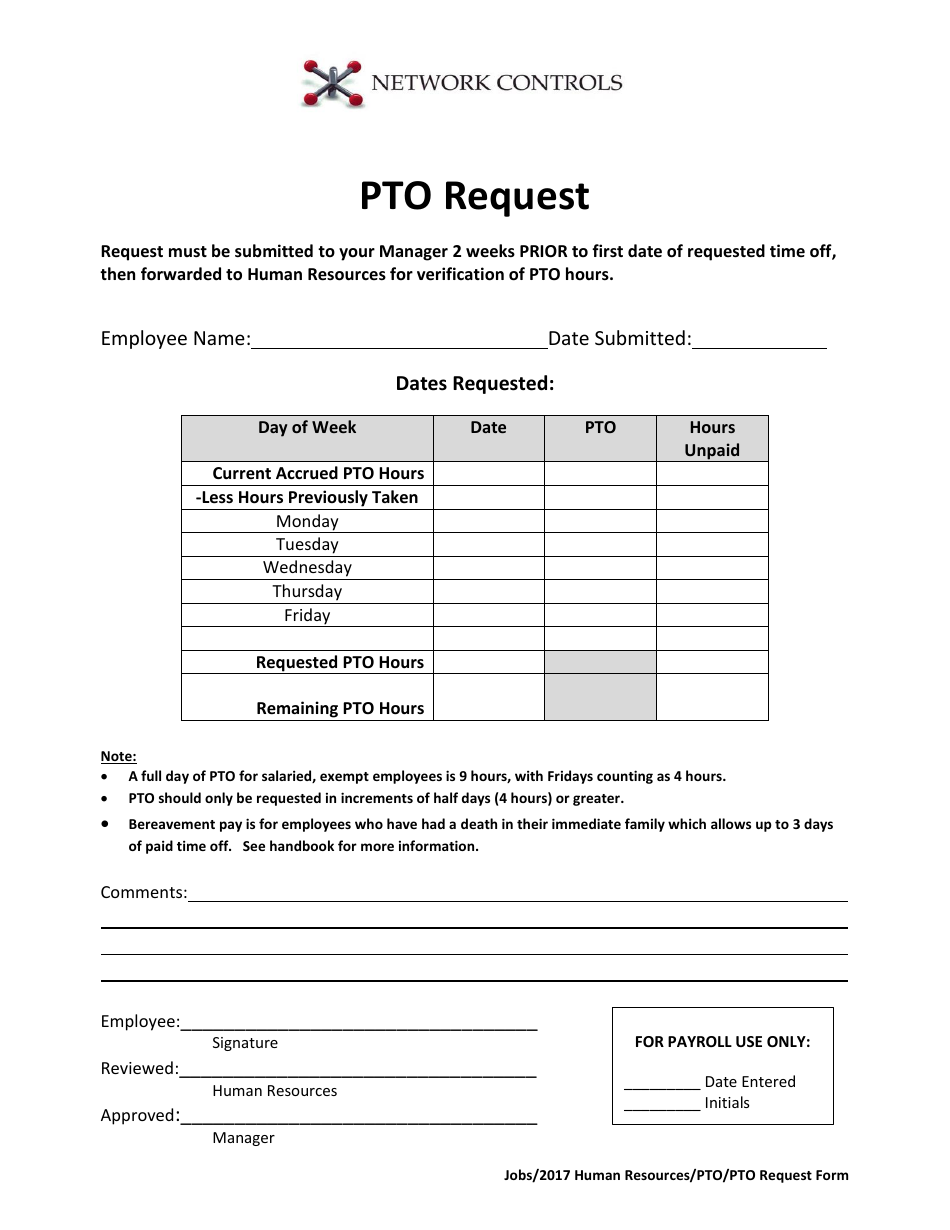 Pto Request Form - Network Controls, Page 1