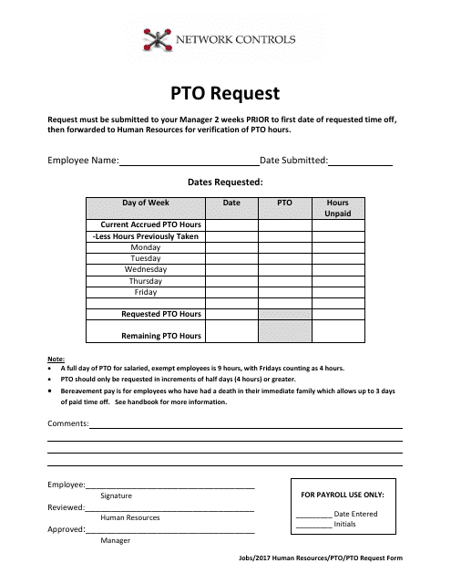 Pto Request Form - Network Controls Download Pdf