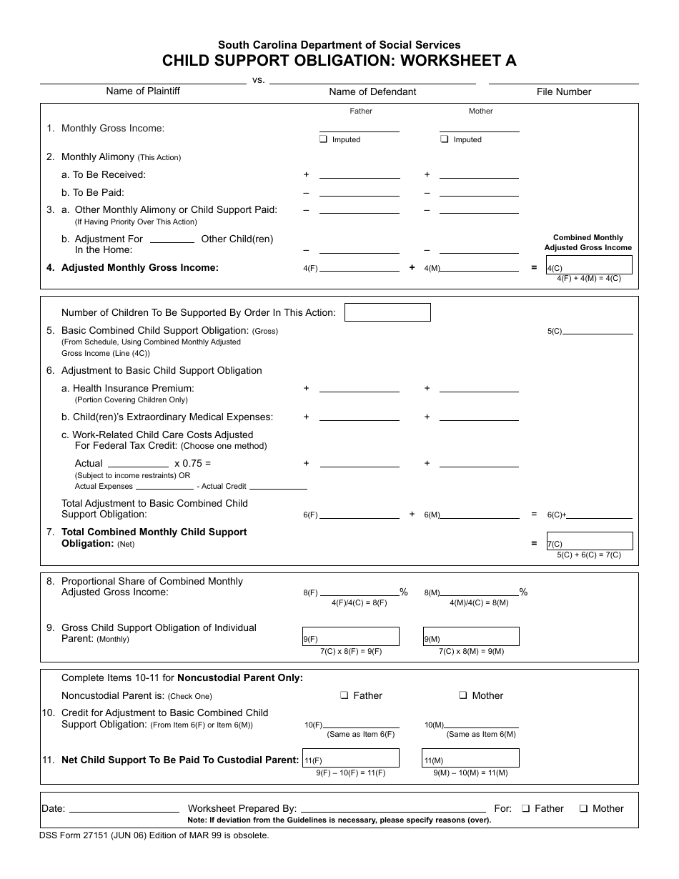 DSS Form 27151 Worksheet A Child Support Obligation - South Carolina, Page 1