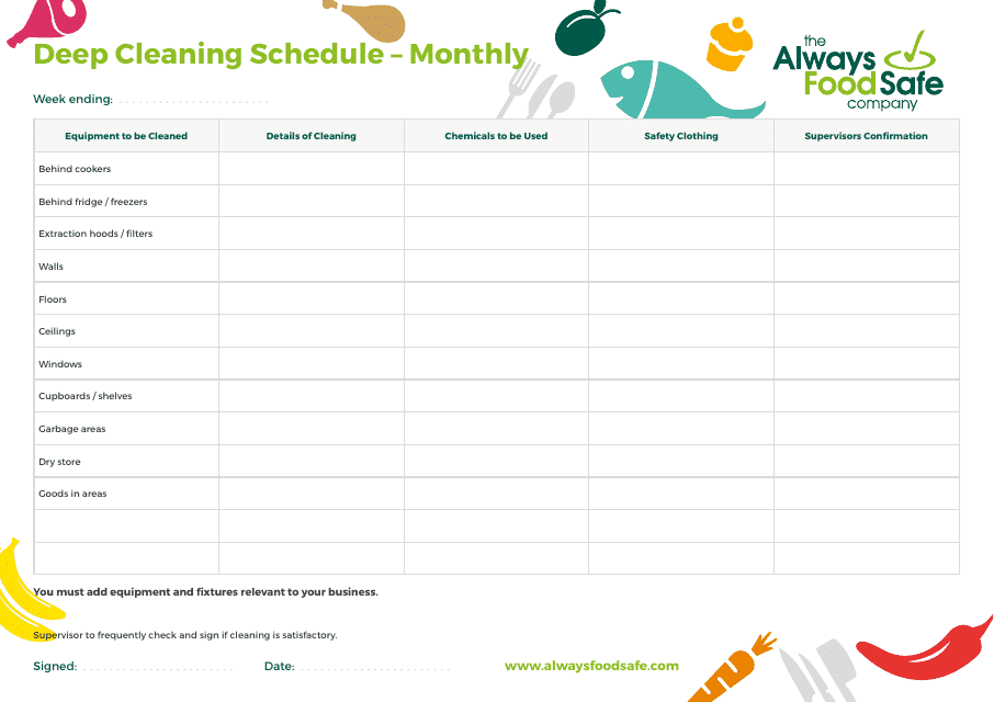 Monthly Deep Cleaning Schedule Template - the Always Food Safe Company