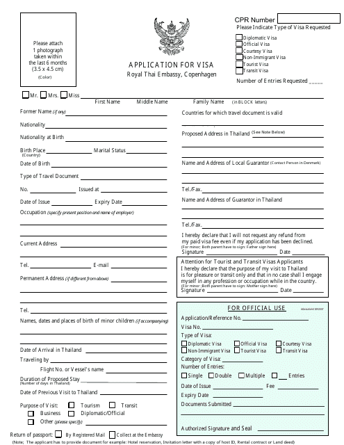 Thai Visa Application Form - Royal Thai Embassy in Denmark - Copenhagen, Denmark Download Pdf