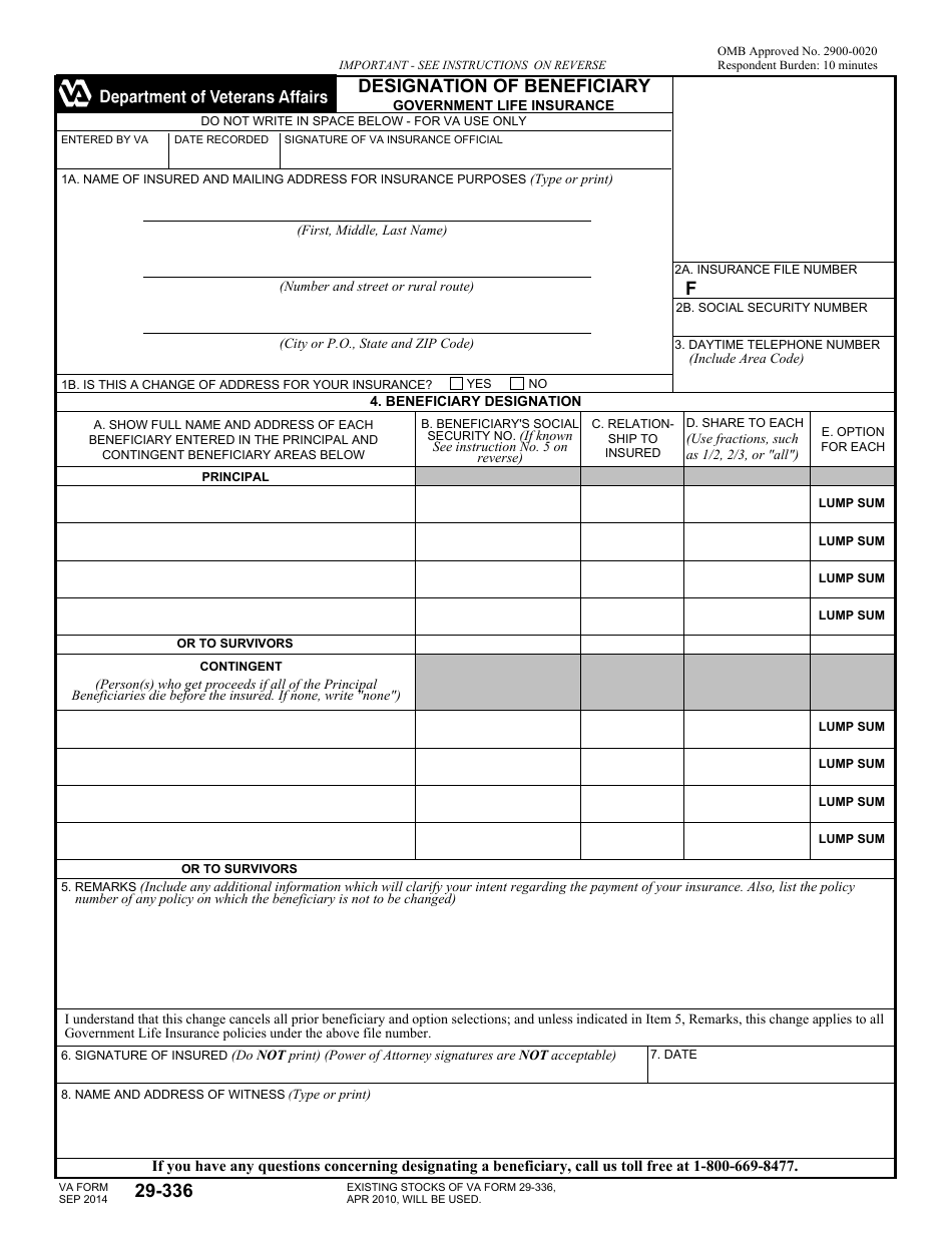 VA Form 29336 Designation of Beneficiary, Page 1