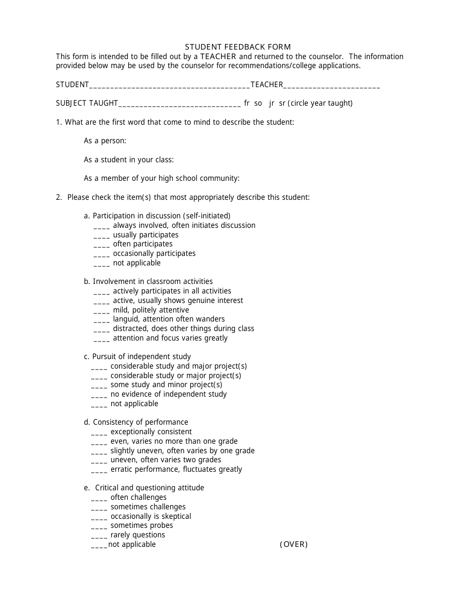 Student Feedback Form - Four Points, Page 1