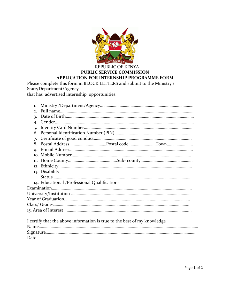Application for Internship Programme Form - Kenya, Page 1