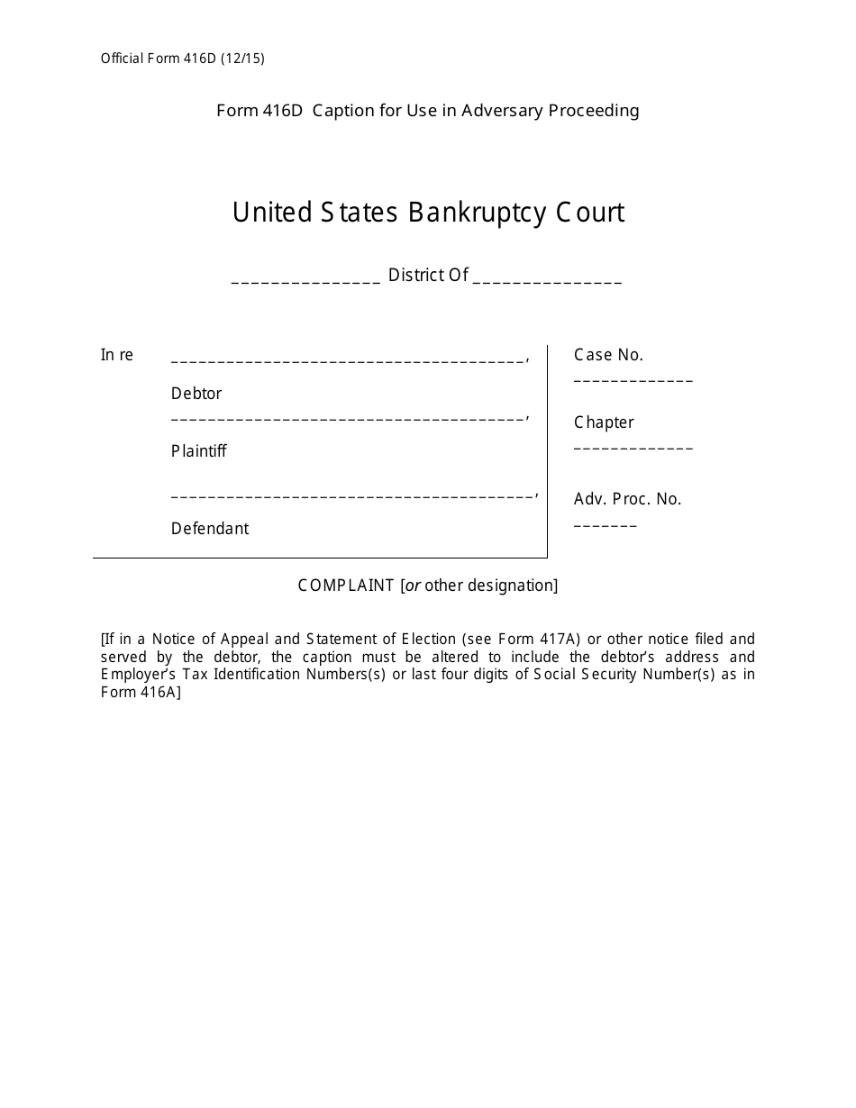 Official Form 416D Caption for Use in Adversary Proceeding Other Than for a Complaint Filed by a Debtor, Page 1