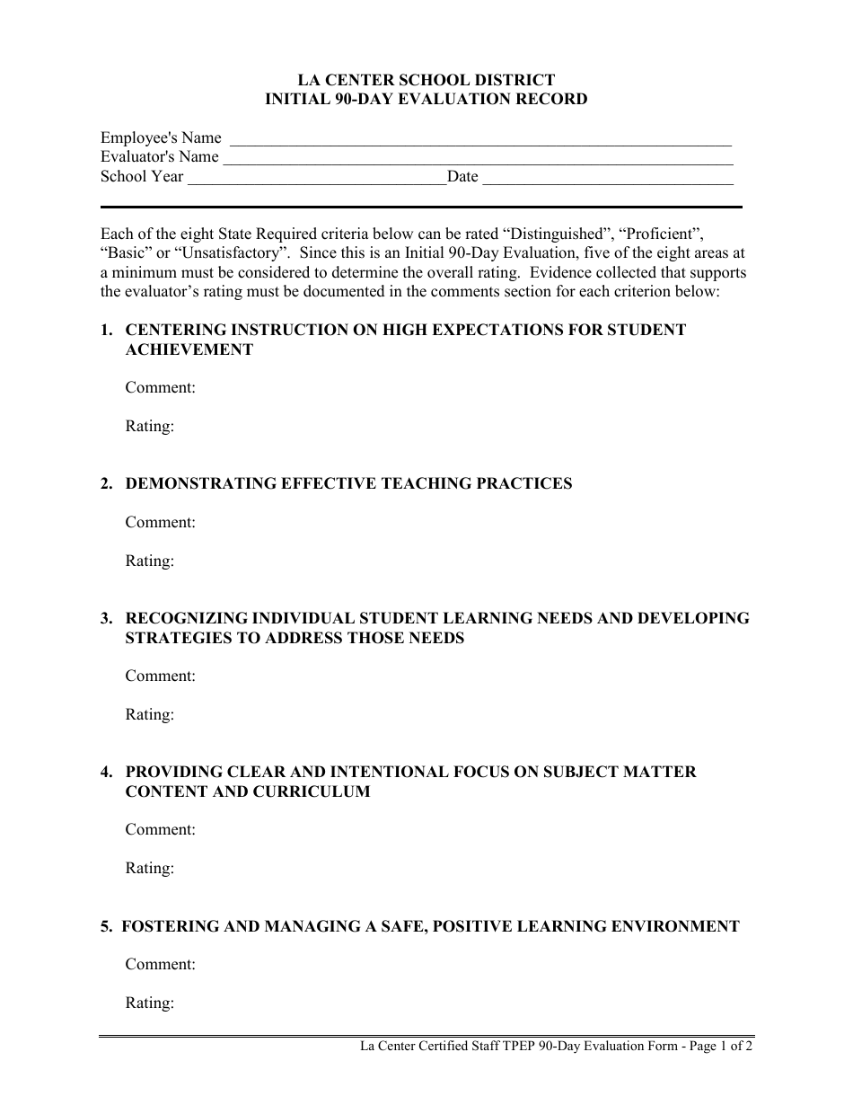 Initial 90-day Evaluation Record Form - La Center School District - California, Page 1