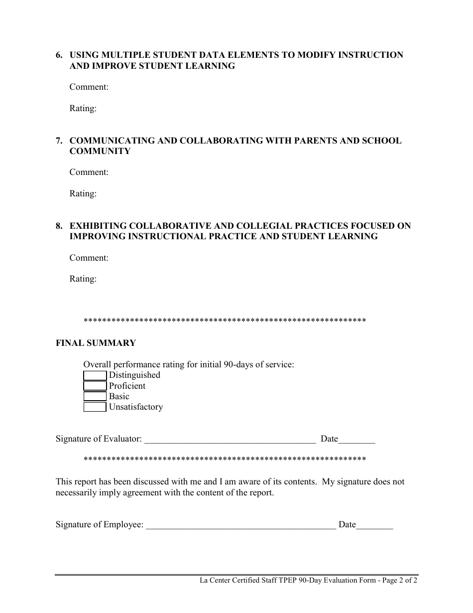 Initial 90-day Evaluation Record Form - La Center School District - California, Page 2