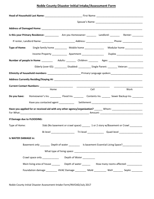 Disaster Initial Intake / Assessment Form - Noble County, Indiana Download Pdf