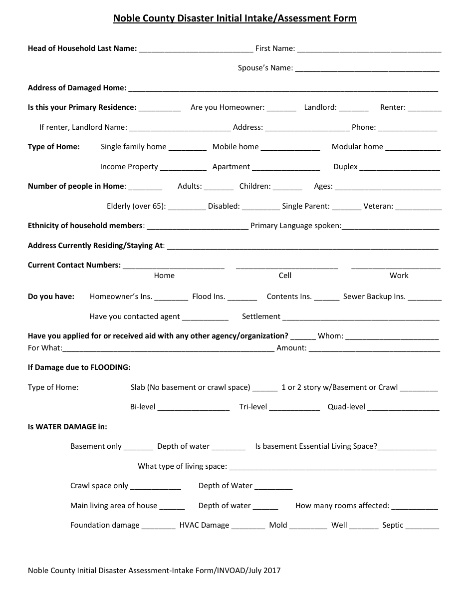 Disaster Initial Intake / Assessment Form - Noble County, Indiana, Page 1