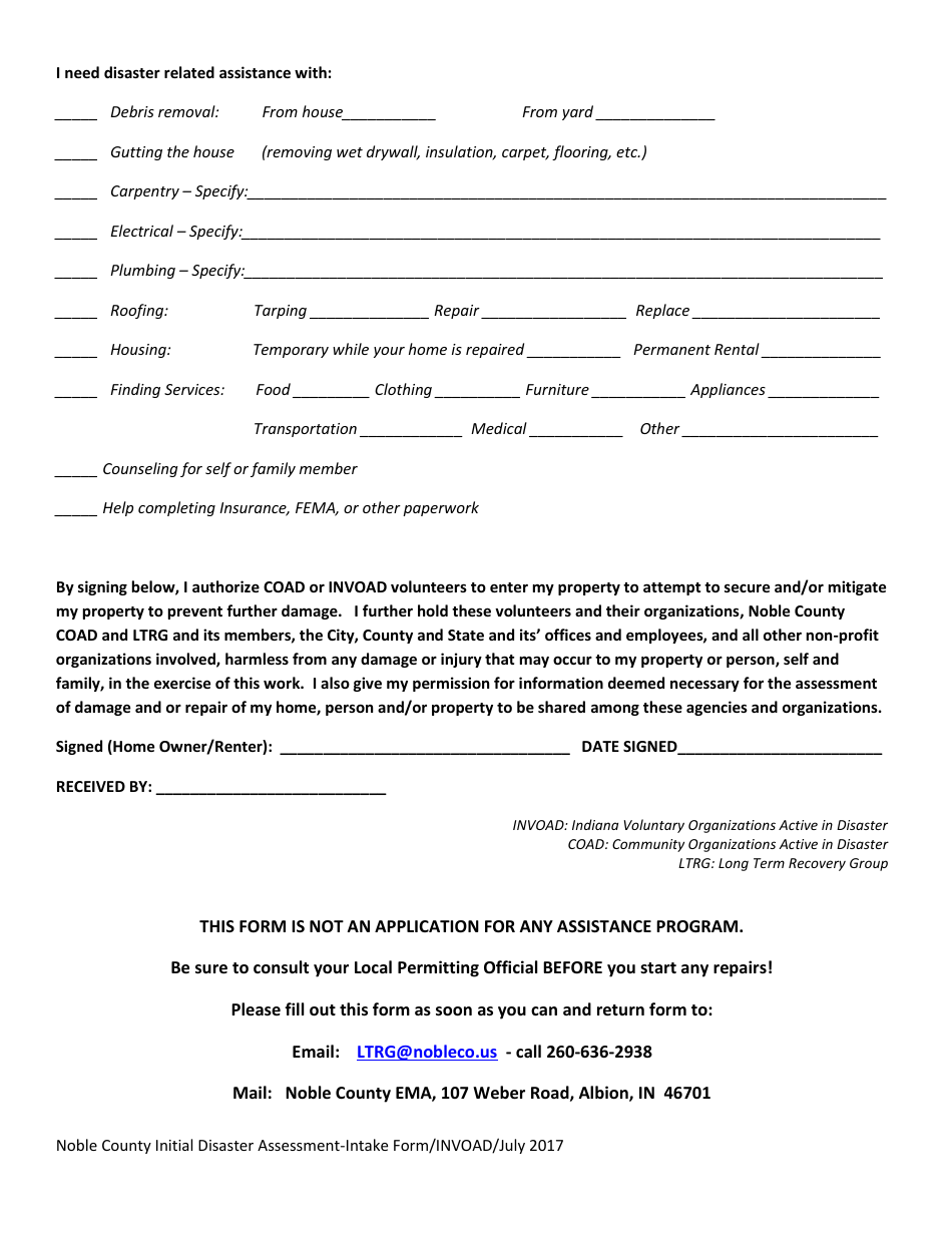 Noble County, Indiana Disaster Initial Intake/Assessment Form - Fill ...