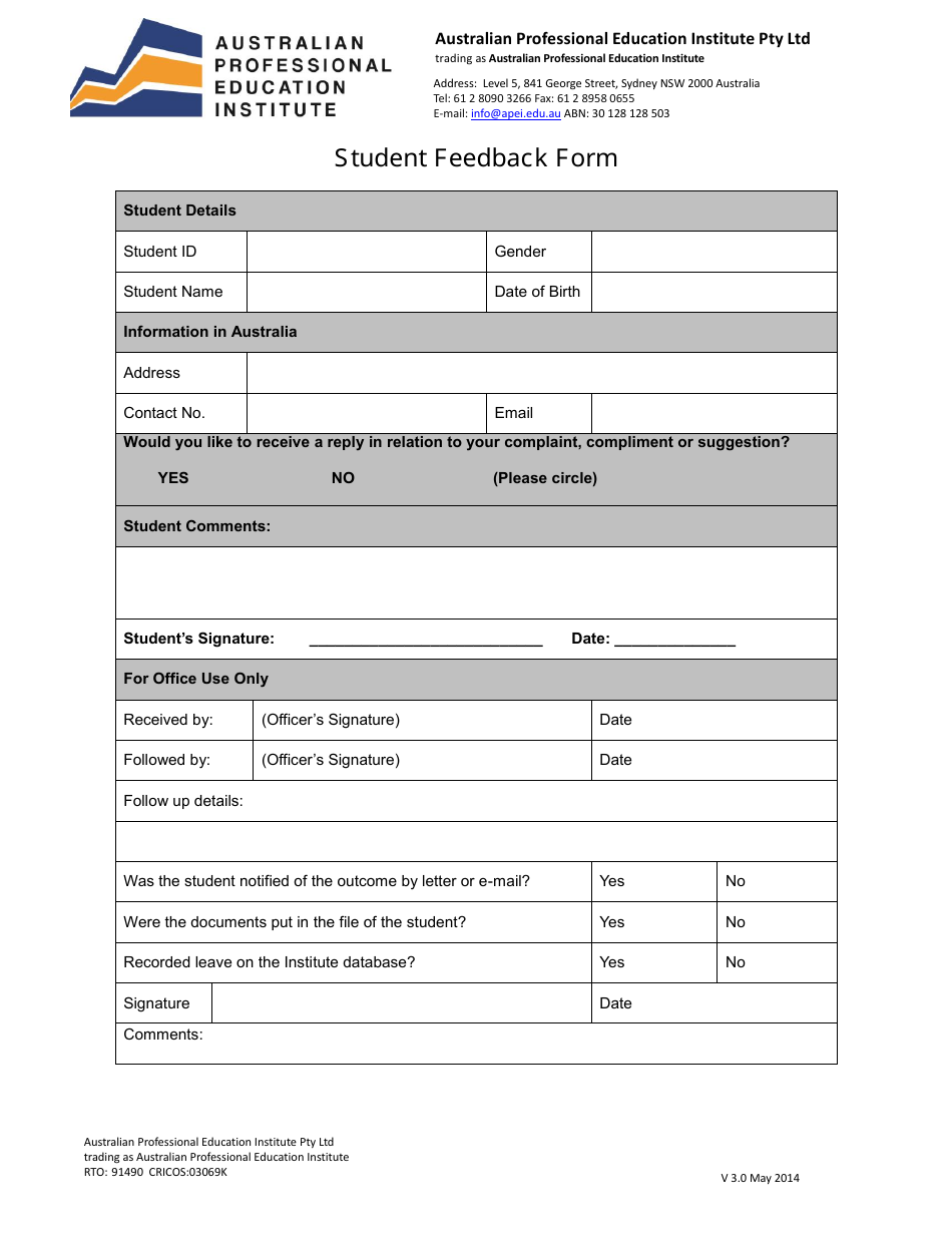 Student Feedback Form - Australian Professional Education Institute - Australia, Page 1