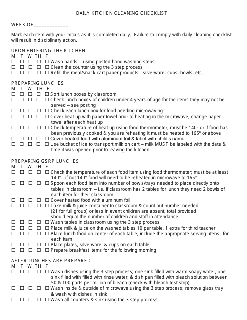 Daily Kitchen Cleaning Checklist Template Download Printable PDF 