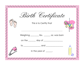 Document preview: Baby Birth Certificate Template - Pink
