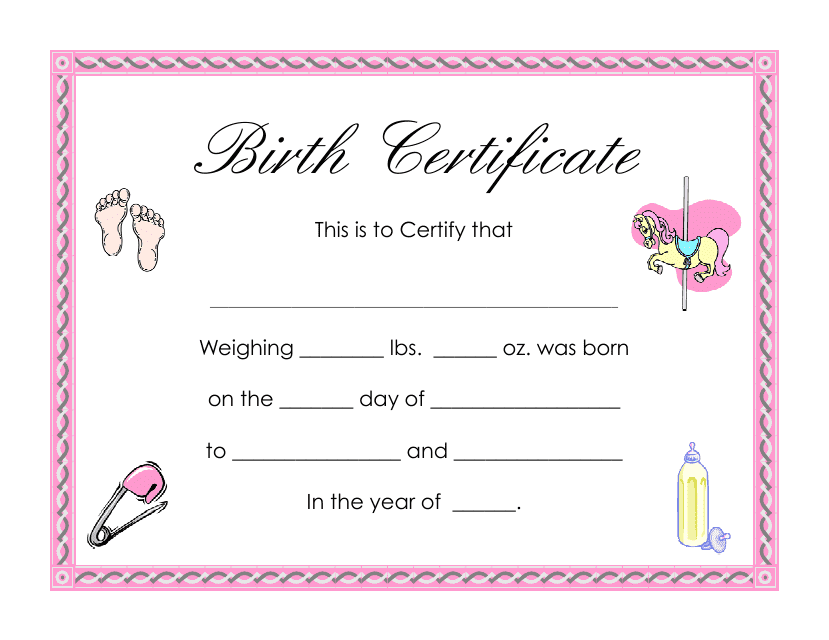 Baby Birth Certificate Template - Pink