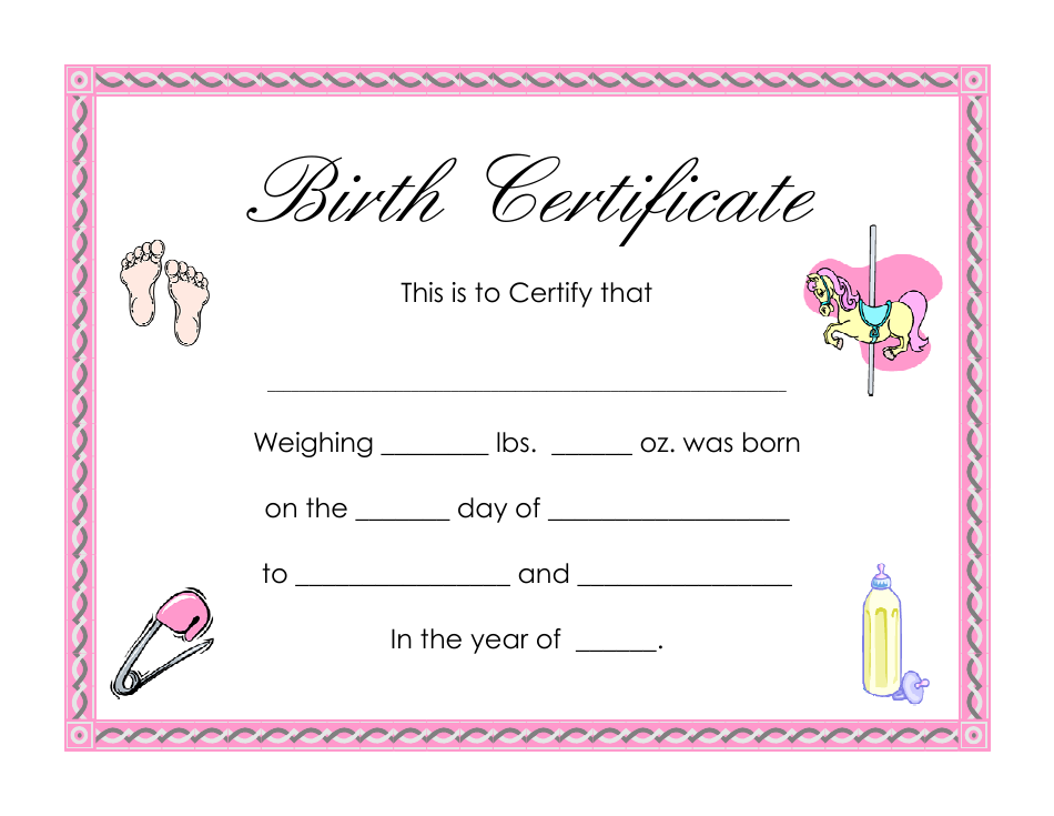 Baby Birth Certificate Template Pink Download Printable PDF