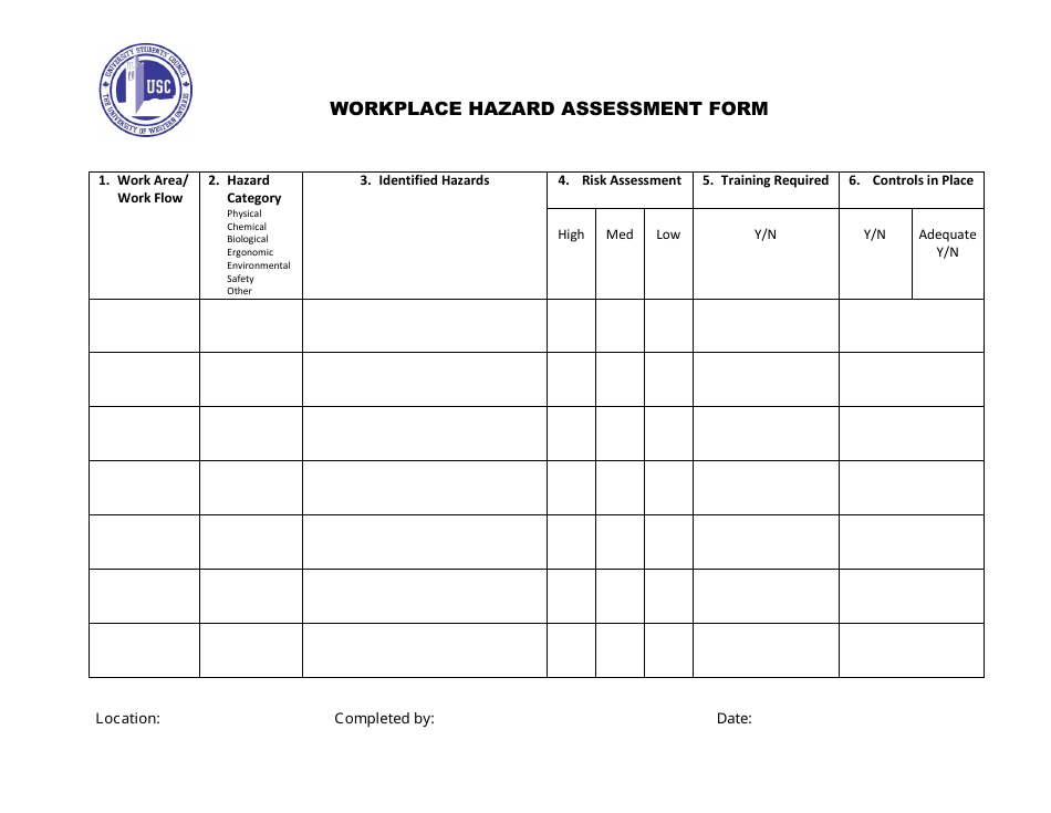 Workplace Hazard Assessment Form - Usc - Ontario, Canada, Page 1