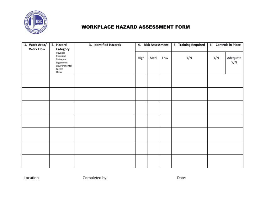 Workplace Hazard Assessment Form - Usc - Ontario, Canada
