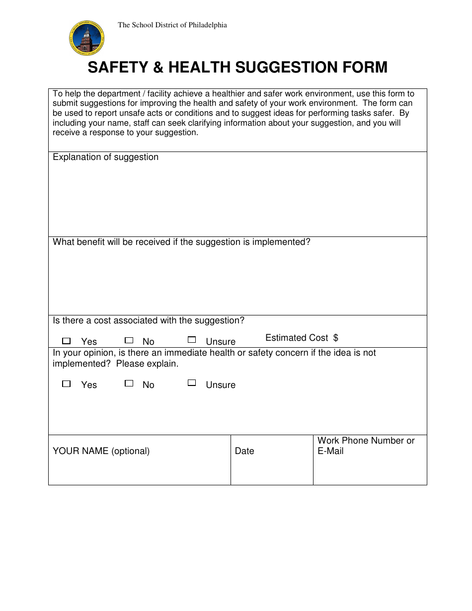 Safety  Health Suggestion Form - the School District of Philadelphia, Page 1