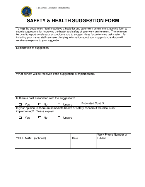 Safety & Health Suggestion Form - the School District of Philadelphia Download Pdf