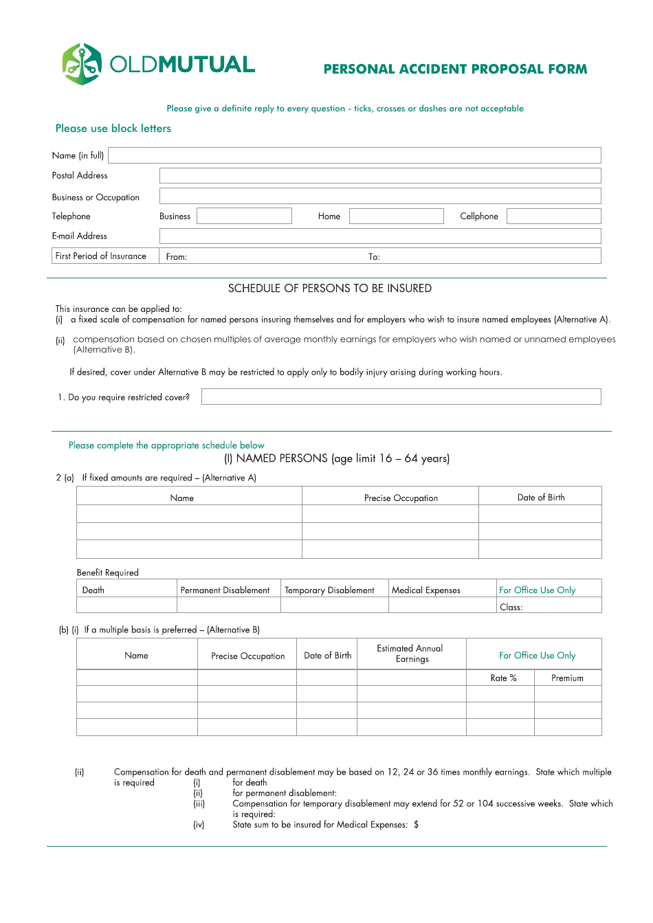 Personal Accident Proposal Form - Old Mutual, Page 1