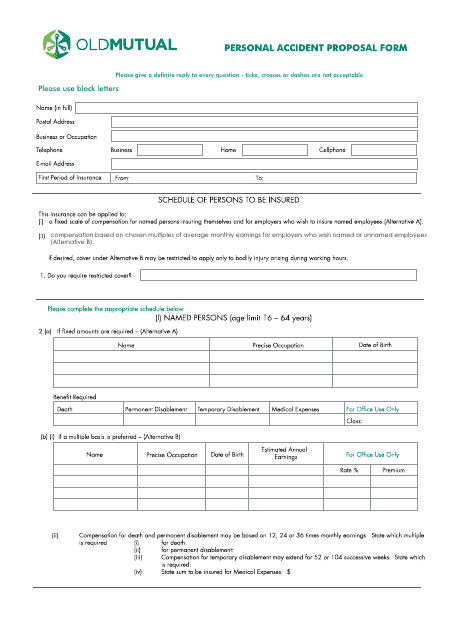 Personal Accident Proposal Form - Old Mutual Download Pdf