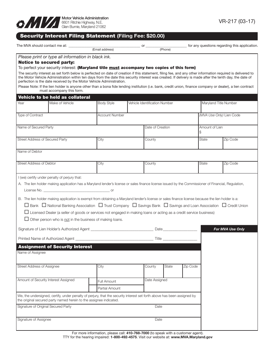 Form VR-217 Security Interest Filing Statement - Maryland, Page 1