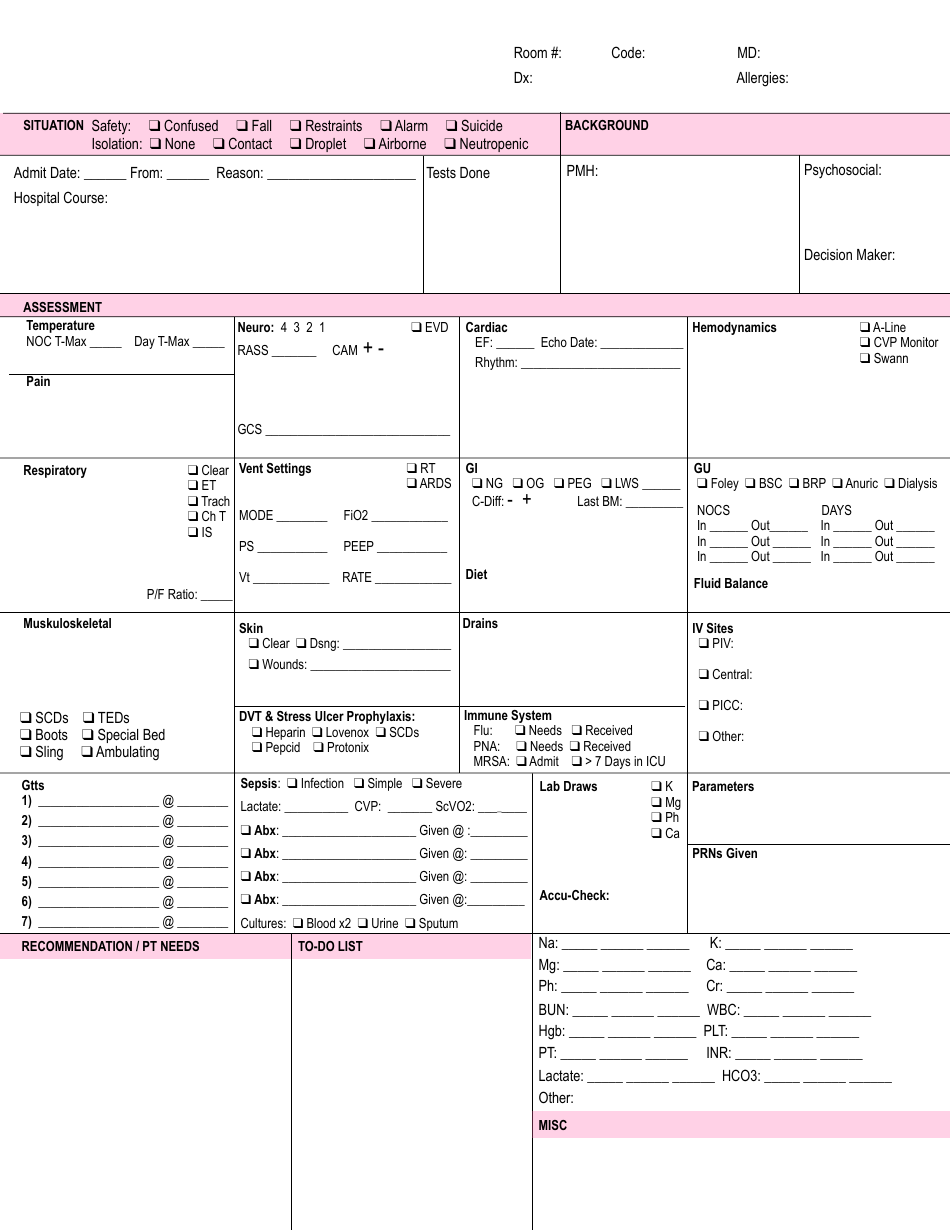 Pink ICU Brain Sheet Template - Printable and Customizable Document