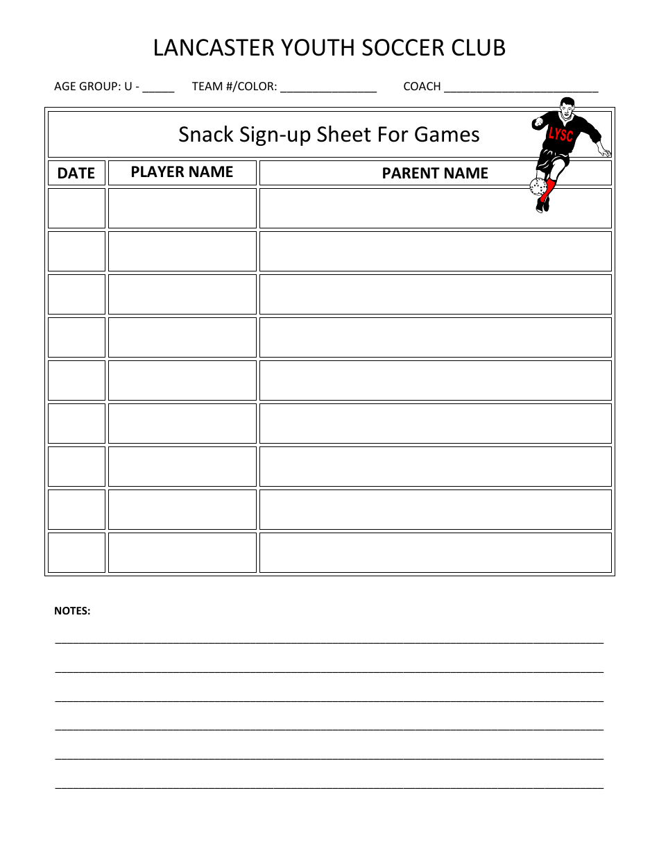 Snack sign-up sheets template with soccer theme from Lancaster Youth Soccer Club in Lancashire, UK.