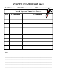 Document preview: Snack Sign-Up Sheet Templates, Soccer Snack Reminder Slip Templates - Lancaster Youth Soccer Club - Lancaster, Lancashire, United Kingdom