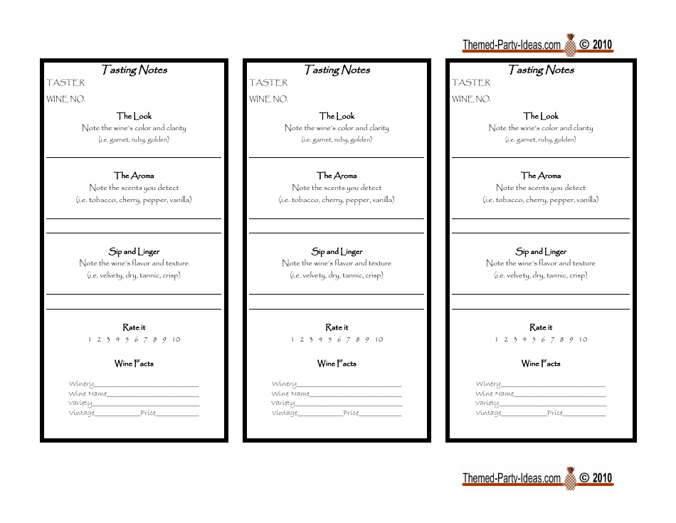 Wine Tasting Score Sheets - 3 Per Page - Document Preview