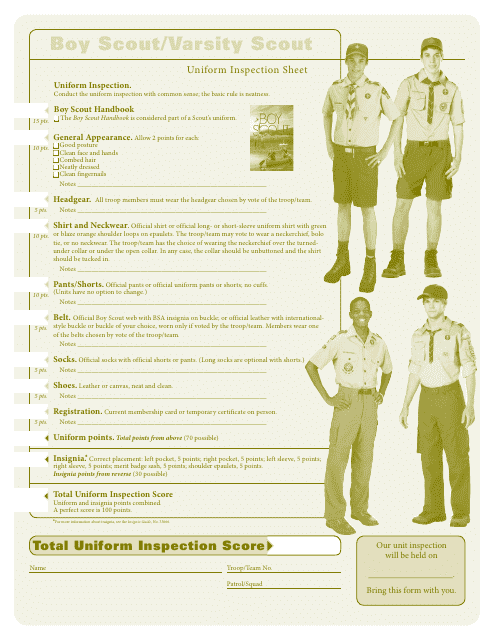 Boy Scout/Varsity Scout Uniform Inspection Sheet - Boy Scouts of America - Texas